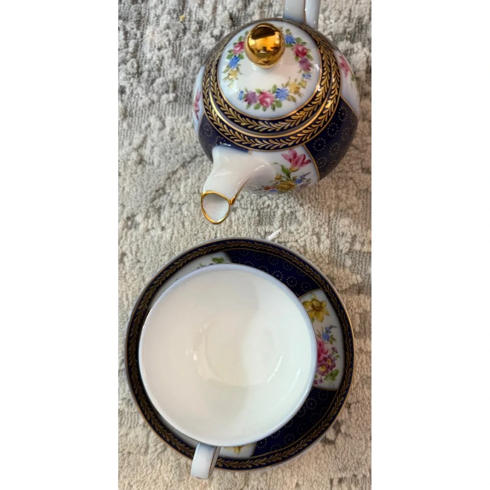 Lillian Vernon Tea for One Set Teapot Cup Saucer Cobalt Blue Floral Gold Trim